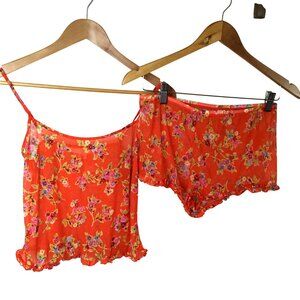 Victoria's Secret Women Y2k Floral Orange Sheer Camisole Ruffel Sexy Shorts M
